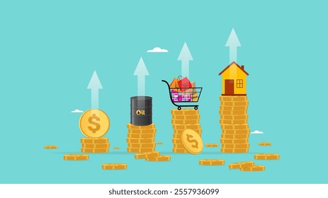 inflation, world economics crisis, decline in currency value, US dollar inflation, rising property prices and basic necessities product, world oil prices increase, rising pile of coins and item price