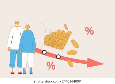 Inflación. Pareja de ancianos endeudada. Pérdida de dinero. La inversión fracasa. Crisis financiera económica. Ilustración de vector