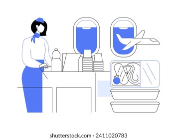 Ilustración abstracta del vector de concepto de servicio de comidas en vuelo. El operador de vuelo ofrece comida y bebidas a los pasajeros en el avión, transporte aéreo, metáfora abstracta de transporte aéreo comercial.