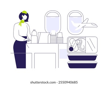 In-flight catering abstract concept vector illustration. Flight attendant offers food and drinks to passengers on the plane, airway transportation, commercial air transport abstract metaphor.