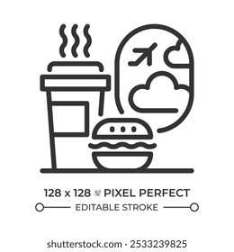 Icono lineal de catering a bordo. Comidas y bebidas servidas durante los vuelos. Café con hamburguesa frente al ojo de buey del avión. Ilustración de línea delgada. Símbolo de contorno. Dibujo de contorno de Vector. Trazo editable