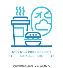 Inflight catering two color line icon. Meals and beverages served during flights. Plane porthole. Bicolor outline symbol. Duotone linear pictogram. Isolated illustration. Editable stroke