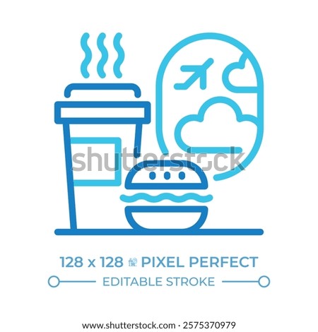 Inflight catering two color line icon. Meals and beverages served during flights. Plane porthole. Bicolor outline symbol. Duotone linear pictogram. Isolated illustration. Editable stroke