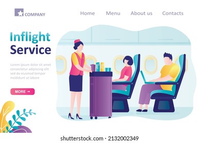 Inflight service, landing page template. People communicates with cabin crew during flight. Stewardess serving passengers in economy class. Air hostess give food to customer. Vector illustration