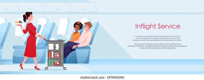 Inflight service vector illustration. Cartoon flat stewardess character serving people passengers on airplane board during flight, woman attendant hostess pushing trolley with food snacks background