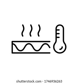 In-floor warming system. Section of floor with heating cable, thermometer and hot air. Linear icon of thermomat. Contour isolated vector illustration on white background