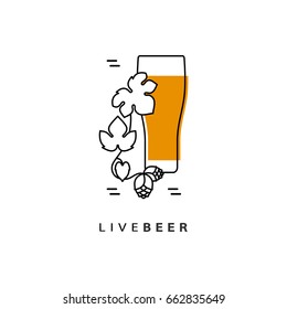 Inflorescence of hops. A glass of beer. Linear style. Vector icon.