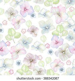 Inflorescence Hydrangea and green leaf randomly arranged in seamless pattern, vector illustration in vintage watercolor style.