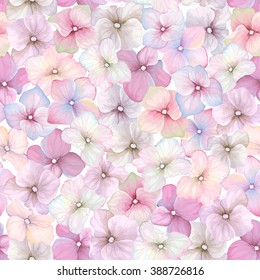 Inflorescence Hydrangea randomly arranged in seamless pattern, vector illustration in vintage watercolor style.