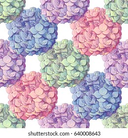 Inflorescence Hydrangea randomly arranged in seamless pattern, vector illustration in hand drawing style.
