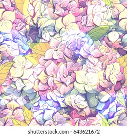 Inflorescence Hydrangea randomly arranged in seamless pattern, vector illustration in hand drawing style.