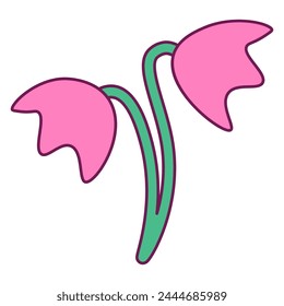 Inflorescence of pink spring bells on thin stems. Bright illustration for design of festive spring banner. Flat vector element in thin stroke isolated on white background