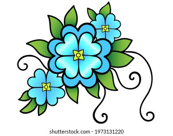 Inflorescence of three blue flowers of different sizes, delicate green leaves and shoots - vector full color illustration. Spring bouquet - top view. Three flowers - a bright print.