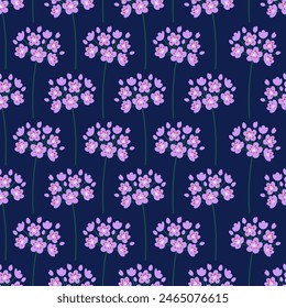 Inflorescence of violet flowers, seamless pattern. Floral branch on a dark blue background. Meadow botanical print, wildflowers. Vector illustration