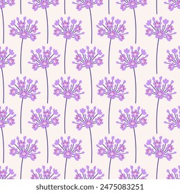 Inflorescence of violet flowers, seamless pattern. Floral branch on a beige background. Meadow botanical print, wildflowers. Vector illustration