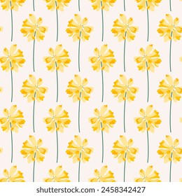 Inflorescence of yellow flowers, seamless pattern. Floral branch on a beige background. Meadow botanical print, wildflowers. Vector illustration