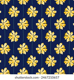 Inflorescence of yellow flowers, seamless pattern. Floral branch on a dark blue background. Meadow botanical print, wildflowers. Vector illustration