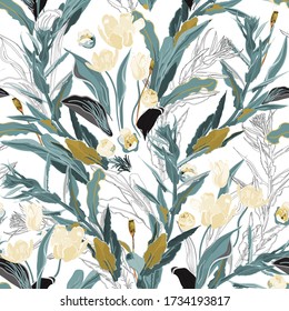 Inflorescences of cream tulip flowers in dense sage green color thickets of leaves and twigs of grass on a white background. Hand-drawn seamless vector pattern. Square repeating design for fabric 