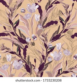 Inflorescences of lilac tulip flowers in pink, purple color thickets of leaves and twigs of grass on a cream, beige background. Hand-drawn seamless vector pattern. Square repeating design for fabric 