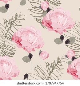 Inflorescences of pink roses on a delicate light cream beige background. Hand-drawn seamless vector floral pattern. Design for fabric and wallpaper.
