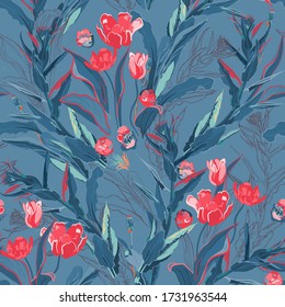 Inflorescences of red tulip flowers in dense thickets of leaves and twigs of grass on a blue background. Hand-drawn seamless vector pattern. Square repeating design for fabric and wallpaper.