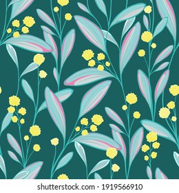 Inflorescences of yellow flowers in dense thickets of green leaves and twigs of grass on a green background. Hand-drawn seamless vector pattern. Square repeating design for fabric and wallpaper.
