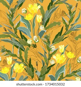 Inflorescences of yellow tulip flowers in dense green color thickets of leaves and twigs of grass on an orange, goldenrod background. Hand-drawn seamless vector pattern. Square repeating design 