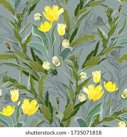 Inflorescences of yellow tulip flowers in dense thickets of green leaves and twigs of grass on a grey, background. Hand-drawn seamless vector pattern. Square repeating design for fabric and wallpaper.
