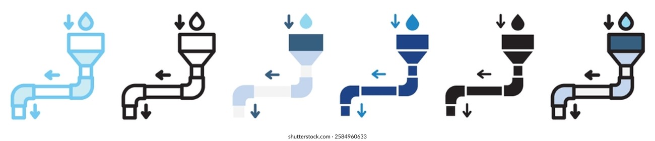Inflow multi-style icon, outline, flat, glyph, dual tone, line color, UI, UX kit, app and web development, digital or print. For industry, education, ecology, environment, water treatment theme.