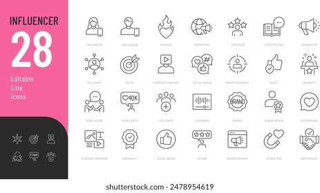 INFLUANCER Editable Icons set. Vector illustration in modern thin line style of love social media related icons: passion, creator, celebrity, and more. Pictograms and infographics for mobile apps.