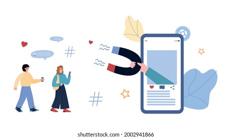 Influir en el marketing comercial publicitario sobre clientes de atracción y compradores. Magnet en la pantalla de un smartphone reúne me gusta y seguidores de retroalimentación en Internet. Ilustración vectorial.