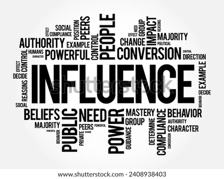 Influence - the capacity to have an effect on the character, development, or behaviour of someone, word cloud concept background