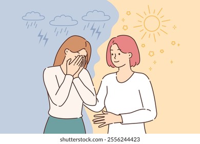 Influence of climate on emotional health of woman crying during rain and smiling after sun comes out. Empathetic positive girl supports upset friend experiencing emotional health problems