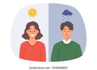 Influence of climate on human mood causes joy in woman during sunny weather or sadness in guy when it rains. People mood and behavior change after change of season and increase in production cartisol