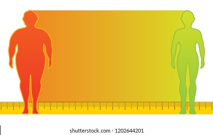 The influence of diet on the weight of the person. Young man before and after diet and fitness. Weight loss concept. Fat and thin man. Healthy and unhealthy food. Copy space.