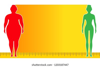 The influence of diet on the weight of the person. Woman before and after diet and fitness. Weight loss concept. Fat and thin woman. Healthy and unhealthy food. 