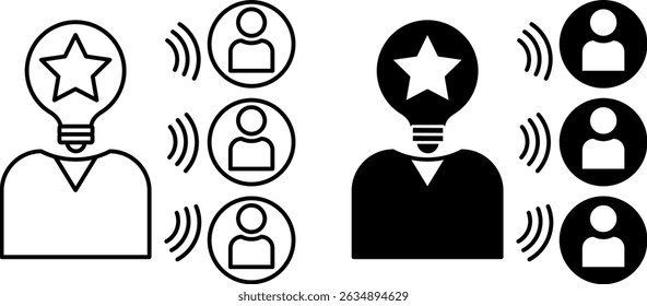 Iconos de influencia. Ilustración vectorial en blanco y negro. Influencia de la persona famosa en la audiencia. Bloguero, Artista, Celebridad. Concepto de influencer