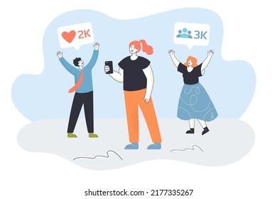 Influence of leader on blog audience. Tiny man and woman holding signs with 2k likes and 3k followers flat vector illustration. Social media concept for banner, website design or landing web page