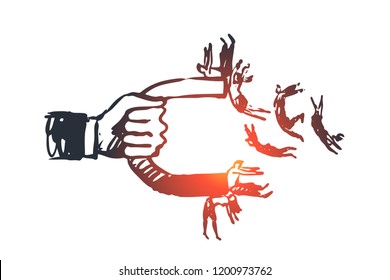 Influence, magnet, business, audience, share concept. Hand drawn magnet attracts people concept sketch. Isolated vector illustration.