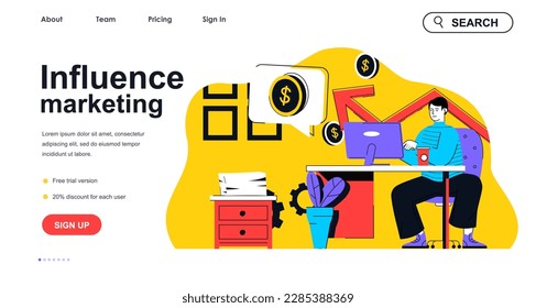 Influence marketing concept for landing page template. Blogger promotes online brands to followers. Influencer communication people scene. Vector illustration with flat character design for web banner