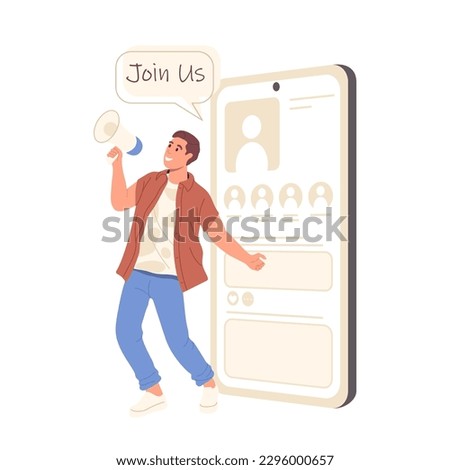 Influence marketing concept and young man holding loud speaker inviting to join us