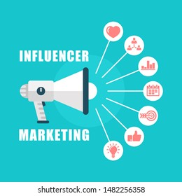 Influence marketing vector concept. Marketing strategy to social media network. Loudspeaker with icons.