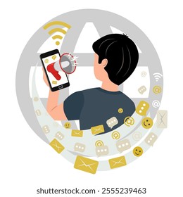 Influence marketing. Vector illustration of a man  holding a mobile phone in his hand. An advertisement is broadcast over the phone from a megaphone. Distribution of advertisements via the Internet .
