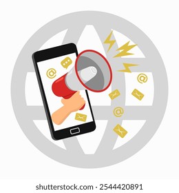 Influence marketing. Vector illustration of a mobile phone and the distribution of advertising on the Internet. The loudspeaker is a marketing symbol.