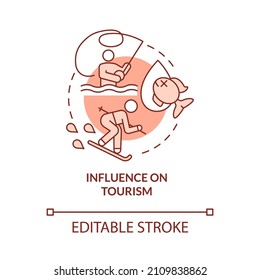 Influence on tourism red concept icon. Climate change negative effect abstract idea thin line illustration. Isolated outline drawing. Editable stroke. Roboto-Medium, Myriad Pro-Bold fonts used