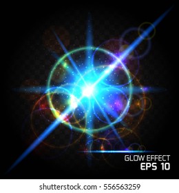 Influence of particle, bright light effects blue magic ball. Glow Dust Sparks luxury design bright background, glow bright glare lighting effect on clear dark background.