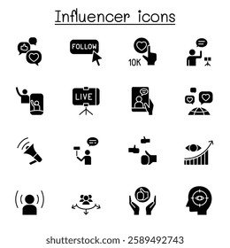 Influence people and Brand ambassador icon set in glyph style