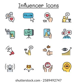 Influence people and Brand ambassador icon set color line style