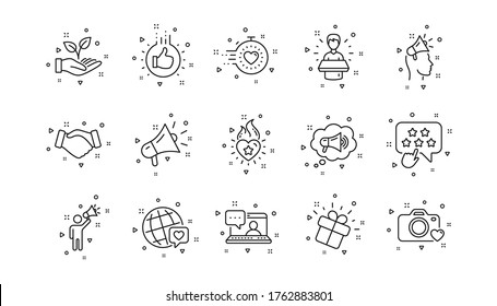 Influence people, Megaphone and Representative. Brand ambassador line icons. Handshake, influencer marketing person, ambassador person icons. Linear set. Geometric elements. Quality signs set. Vector