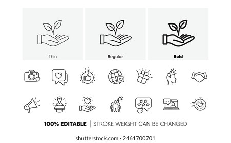 Influir en la gente, Megáfono y Representante. Iconos de la línea del embajador de marca. Apretón de manos, persona de marketing de influencer, embajador de iconos de persona. Conjunto lineal. Conjunto de iconos de línea. Vector